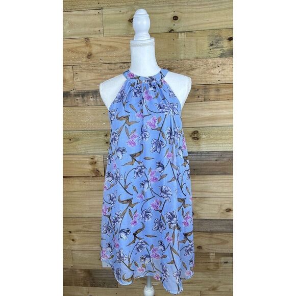 JODIFL Blue Floral Halter Dress Lined Flowy Peekaboo Back Size Small - Picture 1 of 9